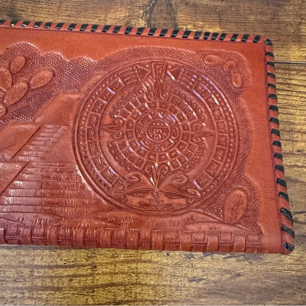 Hand‎ Tooled Brown Leather Aztec Calendar Long Wallet